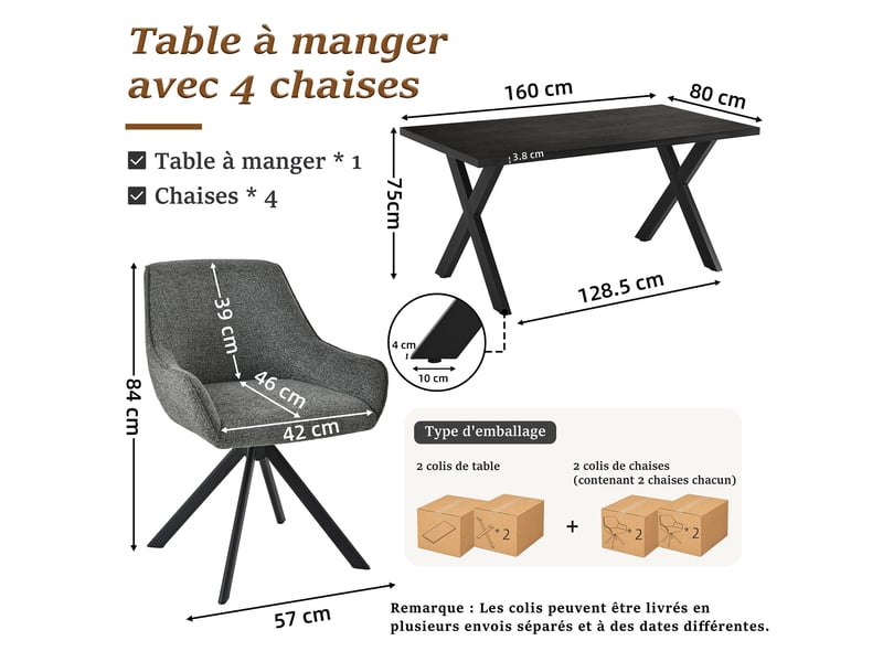  Ensemble table et 4 chaises - table rectangulaire 160x80 cm monobloc en chêne noir et pieds métal, 4 chaises en chenille gris ardoise et pieds métal  - Conforama C