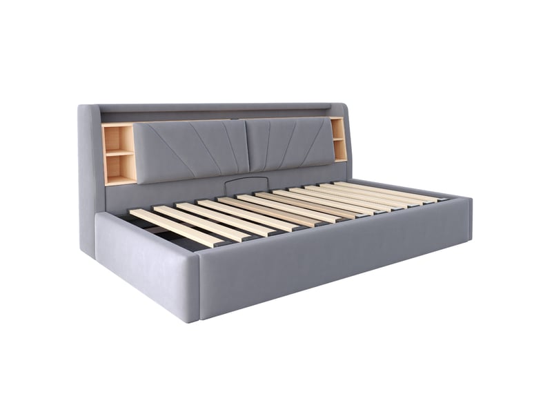  Lit coffre 90x200 cm, lit simple avec led et usb, velours gris foncé, sans matelas  - Conforama R