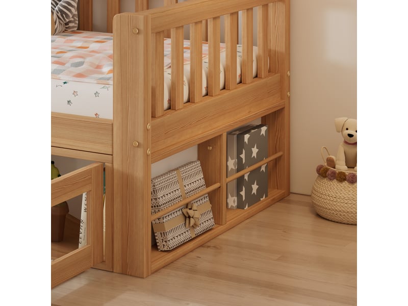 Lit enfant surélevé 90x200 cm avec barrières de sécurité et tiroir, lit simple avec placard 2 portes et sommier à lattes, en bois massif naturel - Conforama C