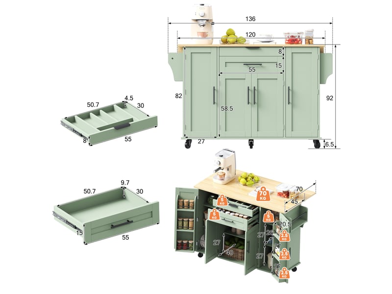  Îlot de cuisine sur roulettes vert antique, desserte avec plan de travail extensible, tiroir à couverts, 136x70x92 cm  - Conforama D