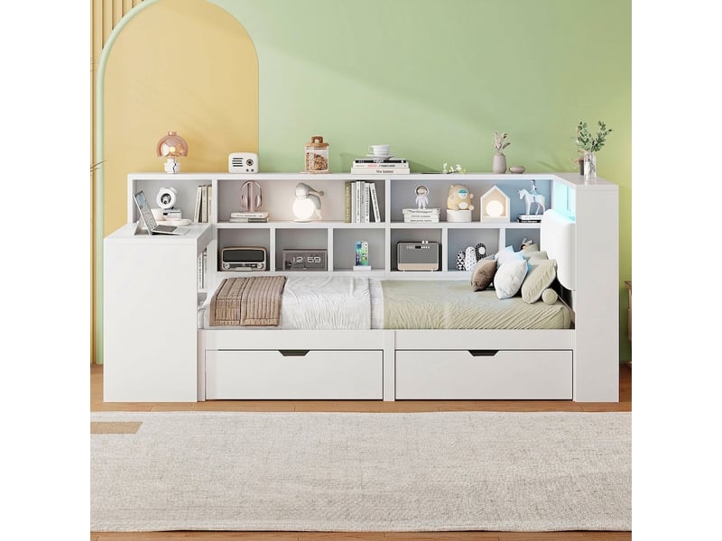 Lit d'angle 90x200 lit avec bureau et bibliothèque avec tiroirs blanc - Conforama C