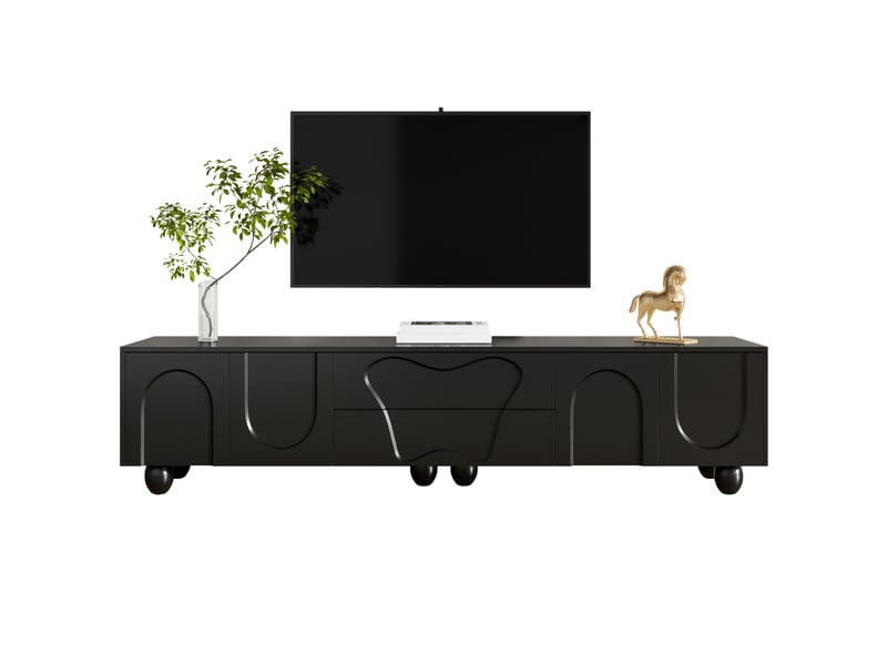  Meuble tv noir 180 cm avec rangements et portes arrondies  - Conforama A