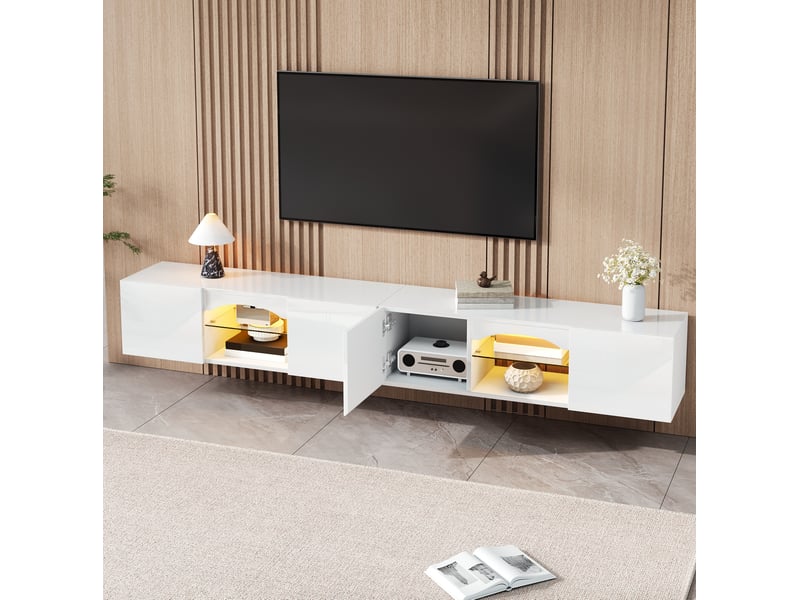 Meuble tv 200x30x28 cm blanc brillant avec led, 4 portes et 2 niches - Conforama D