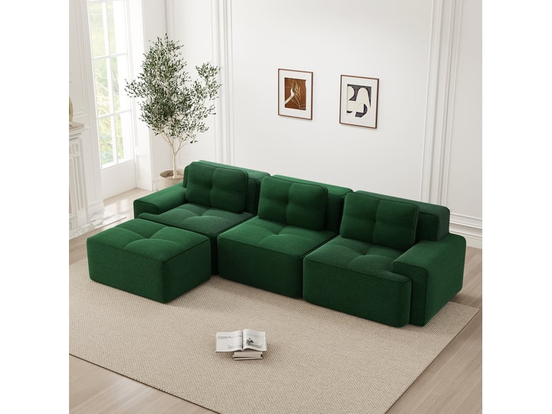  Canapé modulable d'angle 3 places avec ottoman en velours côtelé vert  - Conforama C