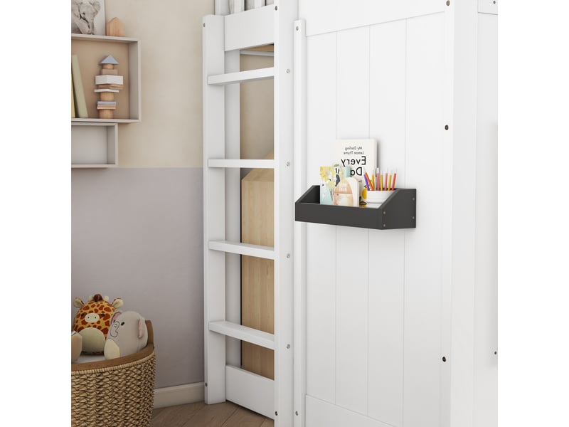  Lit mezzanine 90x200cm, lit 1 place avec fenêtres, escalier, barrière et sommier, pin+mdf, blanc sans matelas  - Conforama E