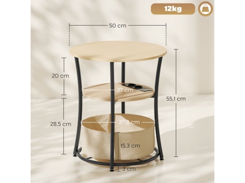  Table d’appoint 3 niveaux en bois naturel avec station de charge, rangement en tissu, 50x50x55,1 cm  - Conforama C