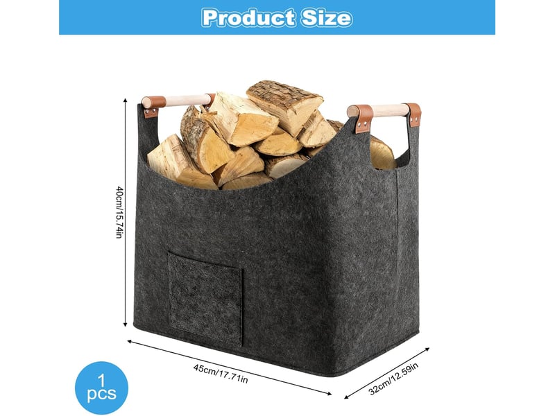  Grand panier à bois pliable , gris foncé – poignées en bois renforcées, pour cheminée et transport de bûches-45 x 32 x 40 cm  - Conforama B
