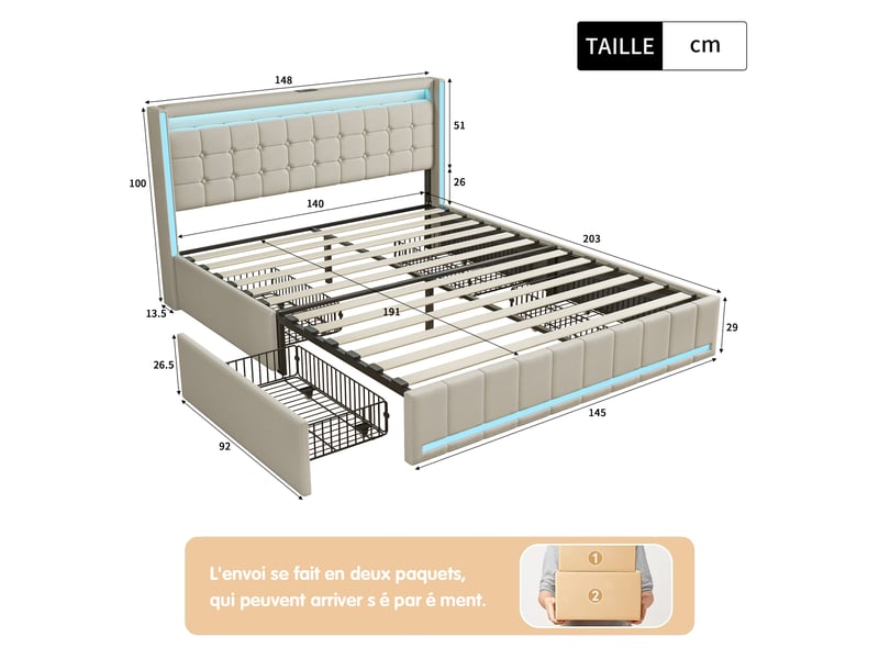  Lit 140 x 190 avec sommier,lit double 140 x 190, 4 tiroirs de rangement, bandeau led port usb, revêtement tissu lin, beige  - Conforama C