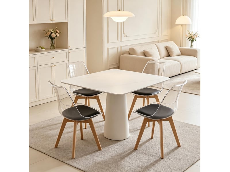  Lot de 4 chaises de salle à manger avec coussin en similicuir noir et pieds en bois  - Conforama B