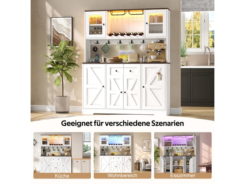  Buffet cuisine 6 portes, 140 x 40 x 173 cm, éclairage led, ports usb, range-bouteilles et porte-verres, mdf, blanc Morn Vibe - Conforama E