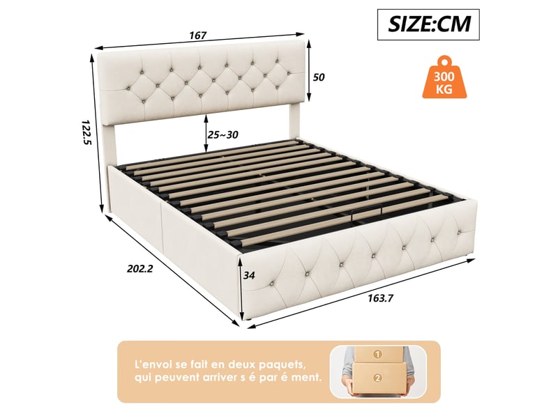  Lit coffre 160x200cm - lit double 160x200 - rembourré en velours avec tête de lit capitonnée et vérins - beige  - Conforama E