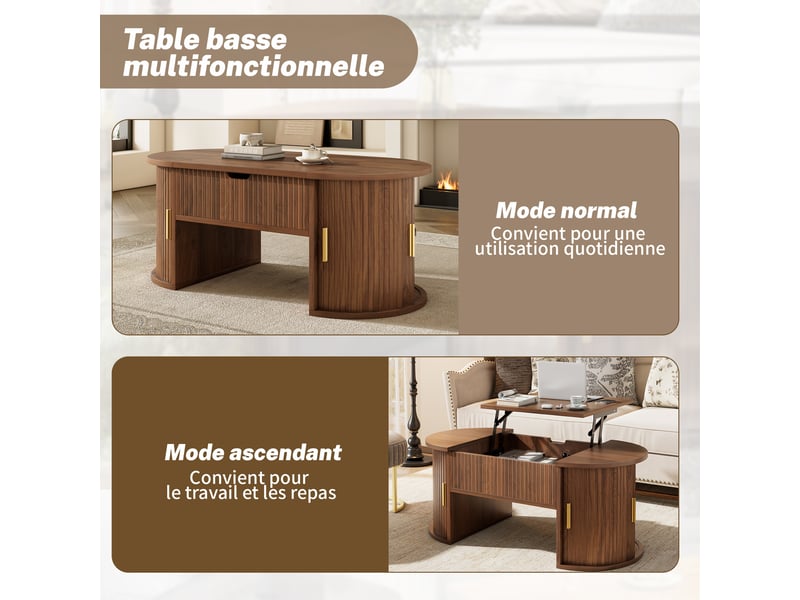  Table basse relevable ovale couleur noyer, style rétro moderne avec rangement caché et étagères, 100x50x40.5cm  - Conforama D