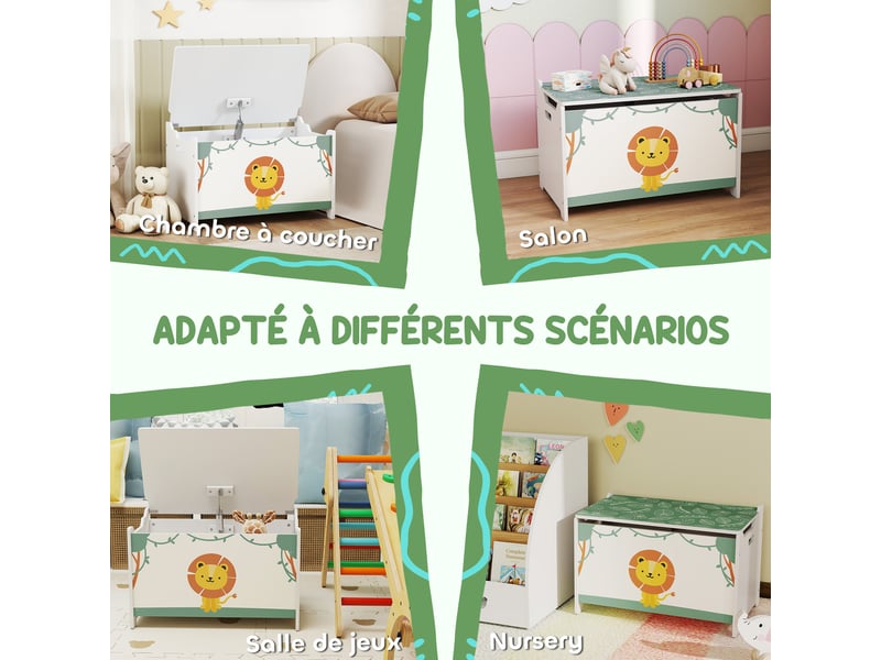  Coffre à jouets avec couvercle, coffre de rangement enfant avec charnières de sécurité, 60 x 37 x 39 cm, vert  - Conforama R