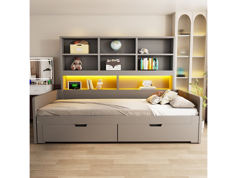 Canapé-lit en bois 180 x 200 cm - avec lit gigogne - avec lumière led - avec prise électrique - avec 2 tiroirs - gris (matelas non inclus) - Conforama B