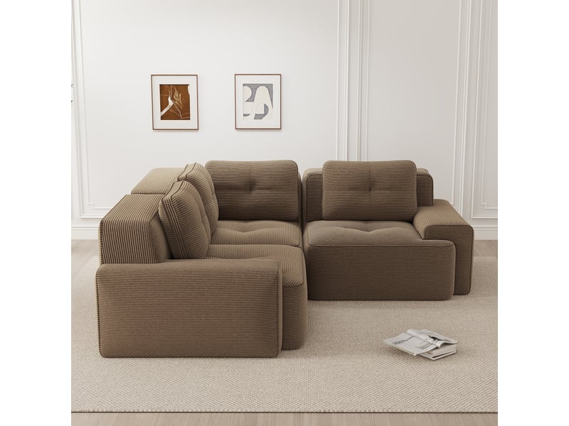  Canapé d'angle modulaire sans armature avec assise profonde et base antidérapante, en velours côtelé brun  - Conforama C