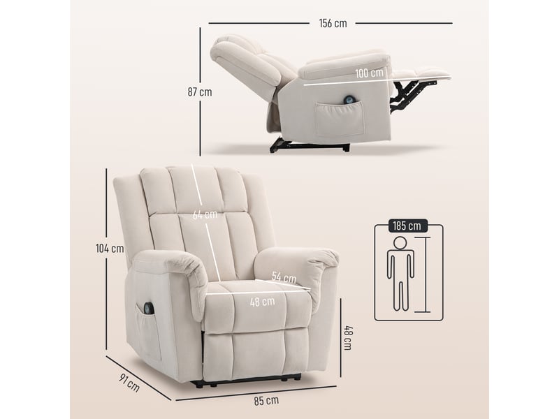 Fauteuil relax massant et chauffant en tissu chenille beige 85x91x104 cm  - Conforama C