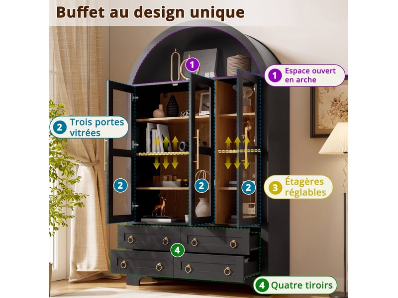  Buffet haut 110x40x185 cm, 3 portes vitrées, 4 tiroirs, niche arche, poignées aluminium, mdf et panneaux de particules noir  - Conforama D