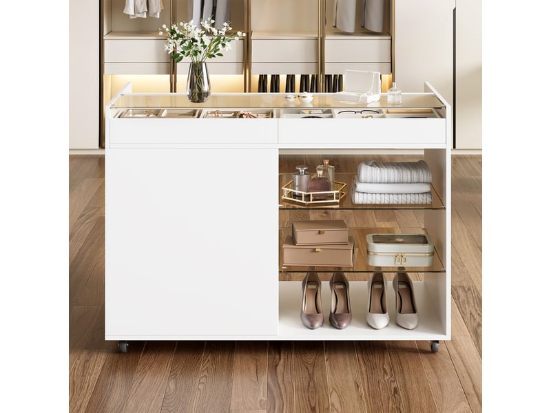 Commode 110 × 60 × 79 cm - meuble de rangement multifonctionnel - avec 5 tiroirs et étagères - avec roulettes - blanc - Conforama B