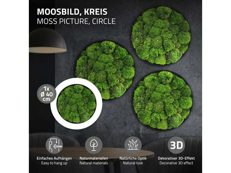 Ecd germany tableau en mousse boule stabilisée véritable, forme ronde ø 40 cm, vert, décoration murale végétale d'intérieur, cadre en mdf, sans arrosage ni entretien, effet 3d, pièce unique ECD Germany GmbH - Conforama E