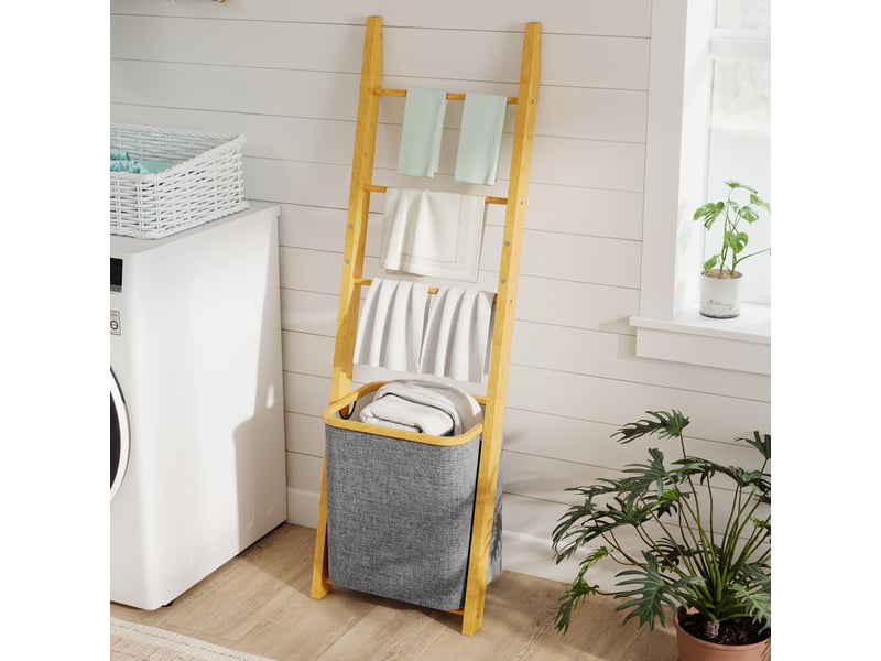Porte-serviettes bambou avec panier à linge, échelle porte-serviettes avec 1 panier à linge, gris, 43 x 35 x 133 cm - Conforama D