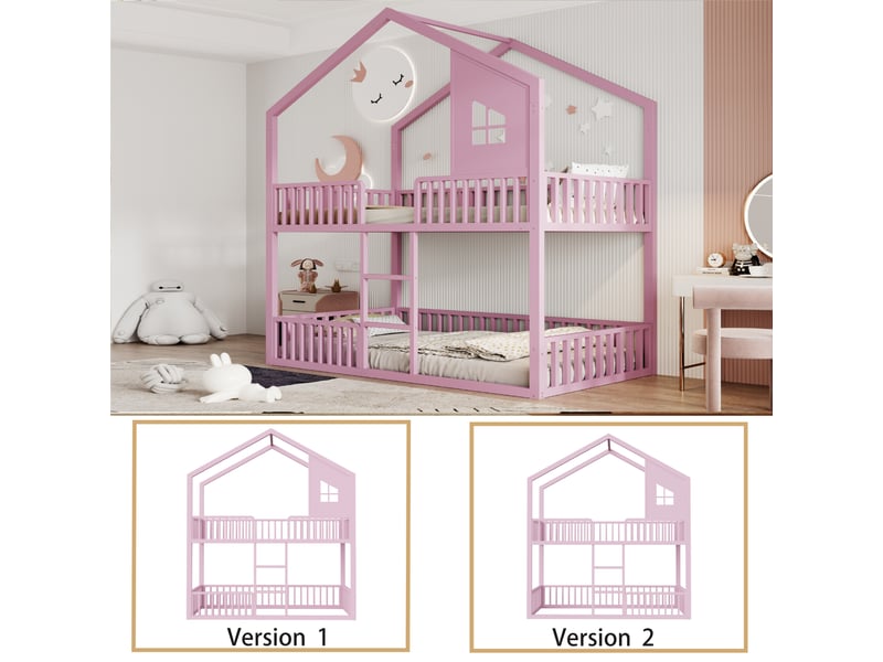  Lit superposé 90 x 200 cm pour enfant en métal rose, style cabane avec fenêtres, échelle droite et garde-corps de sécurité sur les deux niveaux  - Conforama E