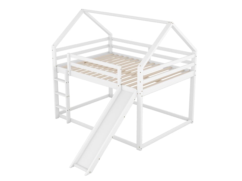  Lit cabane superposé 140x200 cm, lit enfant avec toboggan et échelle de sécurité, structure en bois massif pour chambre, blanc et gris  - Conforama A