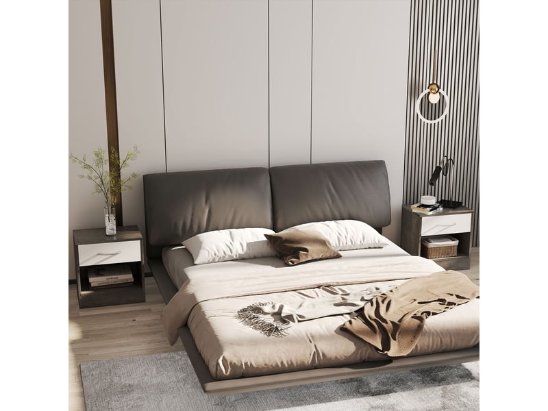  Ensemble de 2 tables de chevet modernes avec étagère ouverte et tiroir, en bois, 39 x 28 x 41 cm, blanc et gris foncé.  - Conforama C