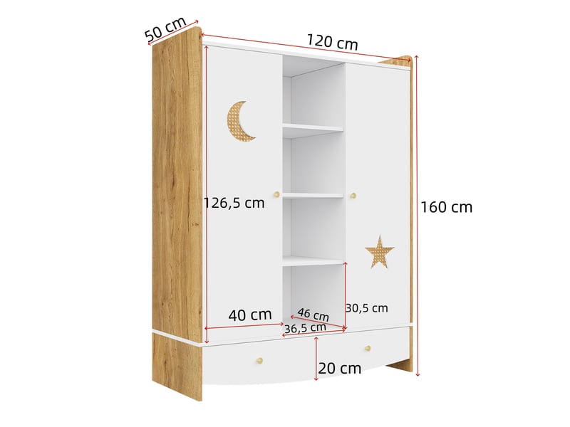 Armoire enfant 120 x 50 cm avec 2 portes, tiroir, 2 penderies et grand rangement, décor rotin, design bicolore moderne pour chambre d’enfant - blanc et effet bois OPULERANE TRADING LTD - Conforama C