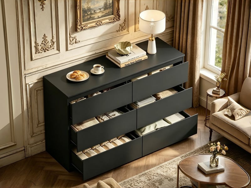  Commode à 6 tiroirs, 120 x 40 x 75 cm, façades sans poignées et dispositif anti-basculement, noir  - Conforama B