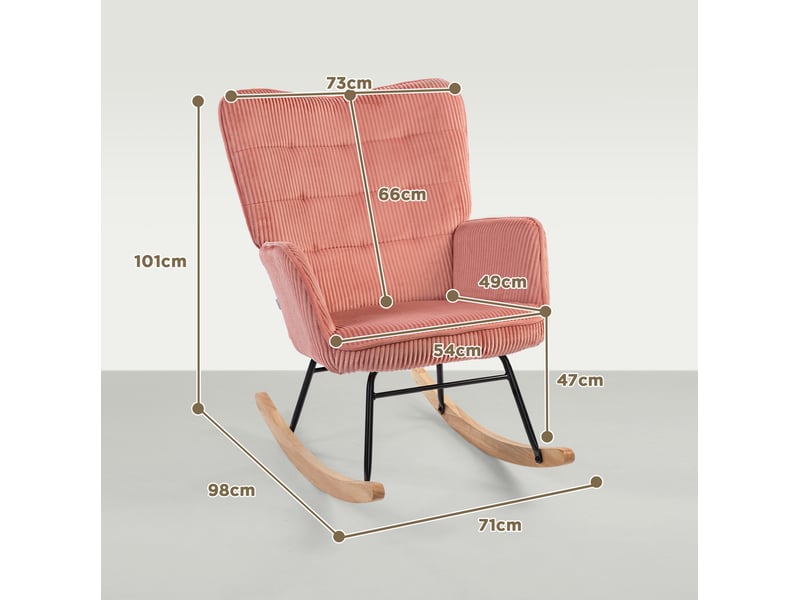  Fauteuil à bascule rembourré avec dossier haut incliné et accoudoirs en polyester rose, 71 × 98 × 101 cm  - Conforama D