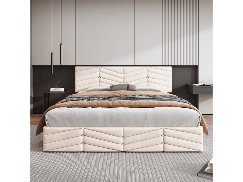  Lit coffre 140x200cm, lit adulte, tête de lit réglable, rangement caché, velours, bois, beige, sans matelas  - Conforama B