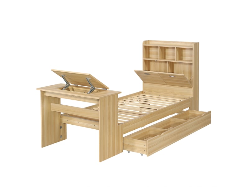  Lit enfant avec rangement, tête de lit étagère, tiroir et table pliante réglable, 90x200cm, bois naturel  - Conforama A