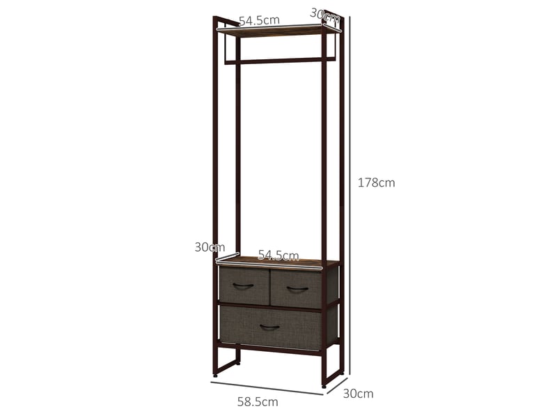  Porte-manteau avec tringle, 3 tiroirs et étagères, en mdf et acier, 58,5 x 30 x 178 cm, marron  - Conforama E