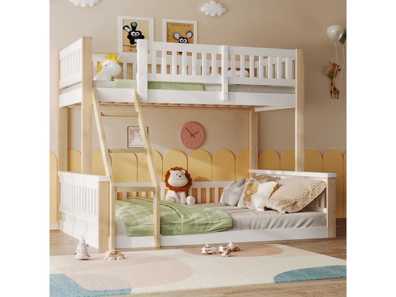  Lit superposé enfant avec couchage inférieur 140 x 200 cm, couchage supérieur 90 x 200 cm, pin blanc et bois naturel  - Conforama R