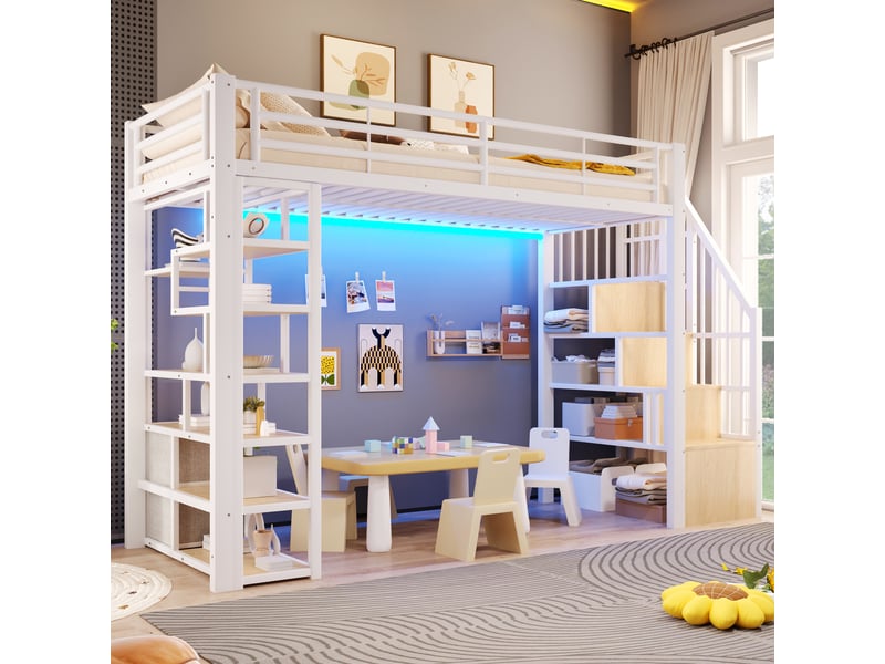 Lit mezzanine enfant 90x200cm avec tiroirs en tissu et espace sous le lit, led, étagère, marches intégrées et barrière, métal blanc evarich - Conforama E