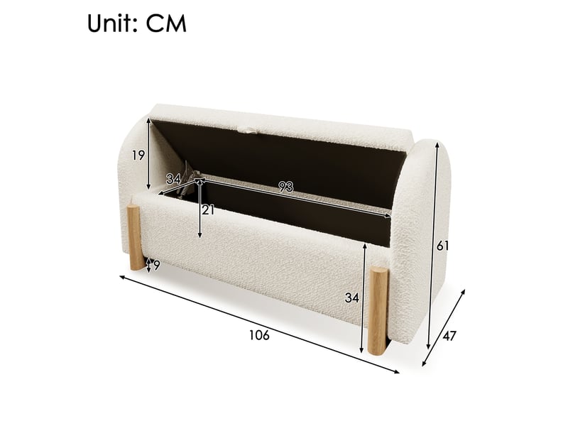 Banc de lit 106 cm - banc coffre de rangement bouclé blanc - ouverture hydraulique - pieds en bois massif - Conforama C