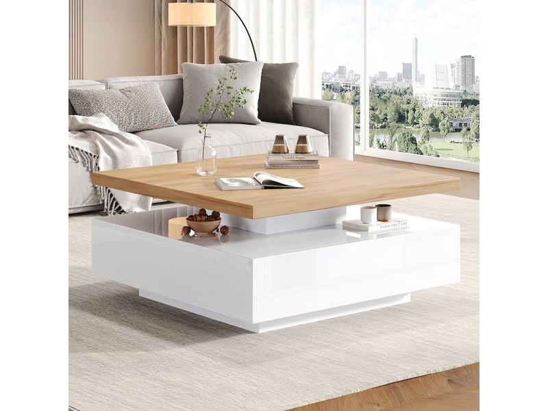  Table basse carrée pivotante à 360° 70x70 cm avec tiroir, blanc brillant et noyer  - Conforama B
