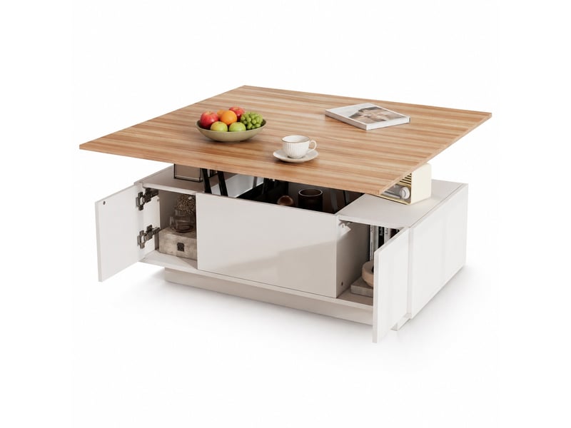 Table basse 100 x 50 cm à double plateau relevable, rangement caché, blanc et bois  - Conforama A
