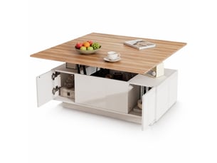 Table basse 100 x 50 cm à double plateau relevable, rangement caché, blanc et bois
