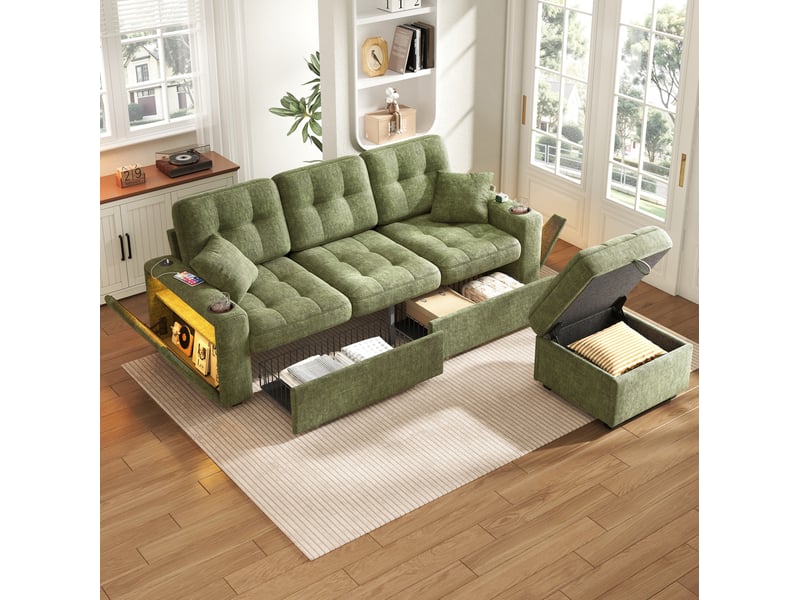 Canapé droit 3 places 194,5x133x83 cm avec rangement, led, usb-c, pouf, tissu chenille vert - Conforama B