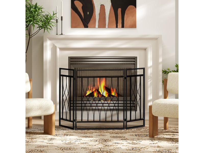  Grille de protection pour cheminée - pare-feu large pour cheminée ou poêle - pare-étincelles - barrière de sécurité - 3 volets pliables - métal noir  - Conforama C
