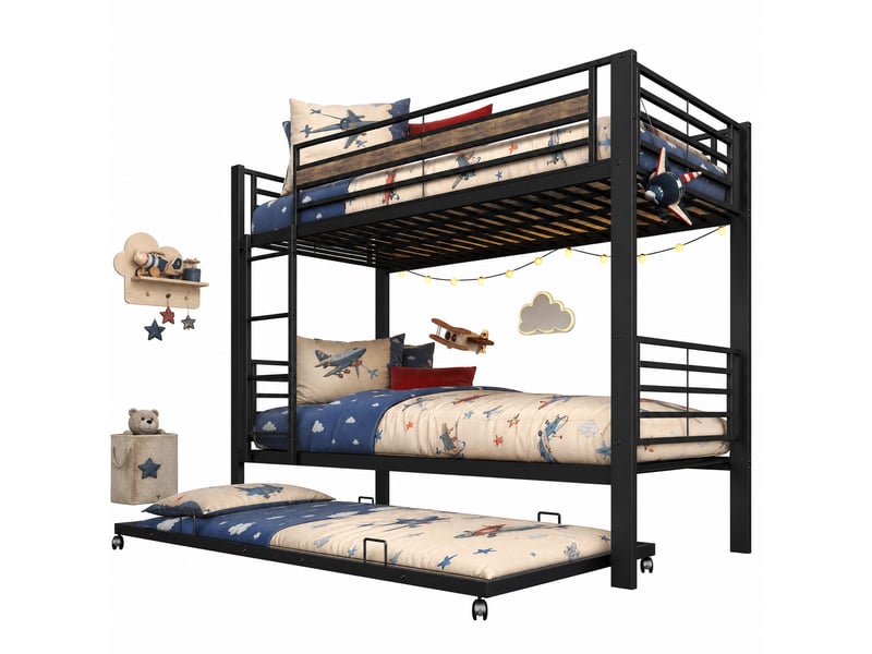  Lit superposé 90x200 cm avec lit gigogne 90x190 cm, 3 couchages, barrières de sécurité et échelle, structure en métal gain de place - noir  - Conforama A