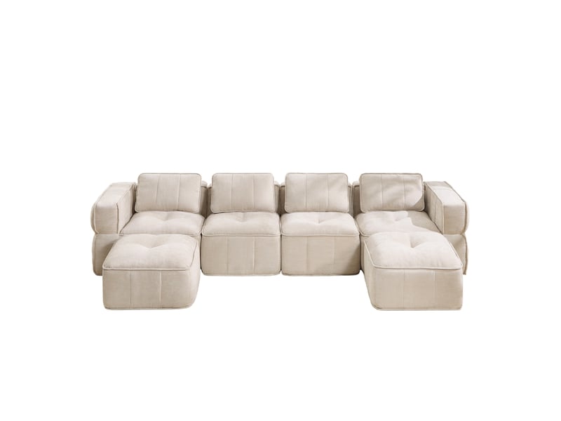  Canapé modulable u 4 places 344x162x67 cm, antiglisse, mousse 32d, 2 poufs, tissu polyester, beige  - Conforama A