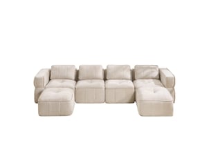 Canapé modulable u 4 places 344x162x67 cm, antiglisse, mousse 32d, 2 poufs, tissu polyester, beige