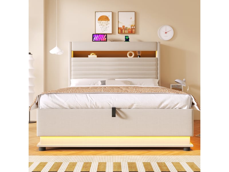  Lit coffre 140x200 cm, lit double, rangement hydraulique, led, usb et usb-c, lin beige  - Conforama R