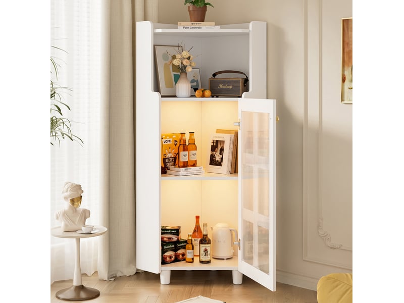  Vitrine d'angle avec 2 portes vitrées, niche ouverte, led pilotée par application, en mdf blanc, 63,5 × 124 cm  - Conforama B