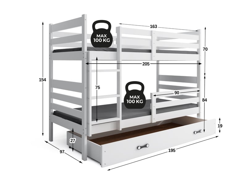  Lit superposé séparable 90x200 cm eric interbeds - bois massif de pin avec barrière, sommier et tiroir - blanc  - Conforama C