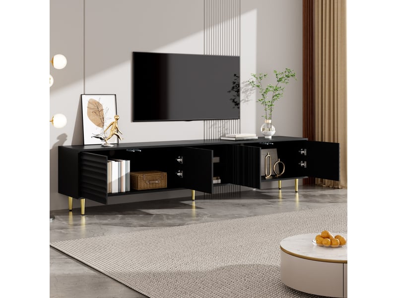  Meuble tv 200 cm 4 portes avec niche ouverte, façades structurées sans poignées, pieds métal, noir  - Conforama E