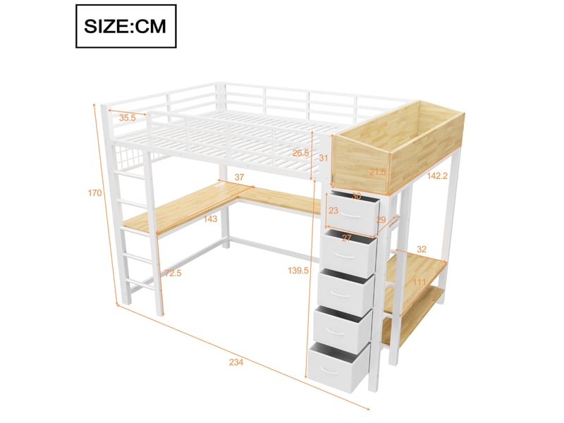  Lit mezzanine 140x200 cm, lit combiné, tiroirs de rangement, bureau intégré, penderie, éclairage led, ports usb et type-c, métal blanc OPULERANE TRADING LTD - Conforama C