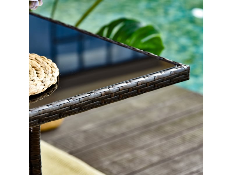  Table de jardin 150x85x74 cm en polyrotin avec plateau en verre de sécurité métal marron noir  - Conforama D